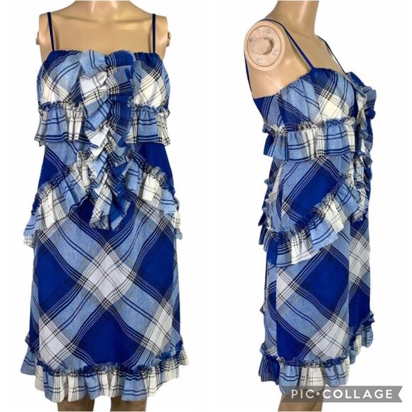 MM Couture by Miss Me Womens Mini Dress Plaid Raw Ruffled Hem Blue Medium - Picture 1 of 13